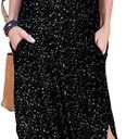 HUSKARY Women's Summer Maxi Dress Casual Loose Pockets Long Dress Short Sleeve Split Maxi Dresses (Large, Foil Silver)