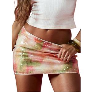 Women's Y2K Sequin Skirt Sexy Glitter Sparkly Bodycon Mini Skirt Tie Dye Night Out Low Rise Shiny Party Rave Clubwear (Large, Pink and Green)