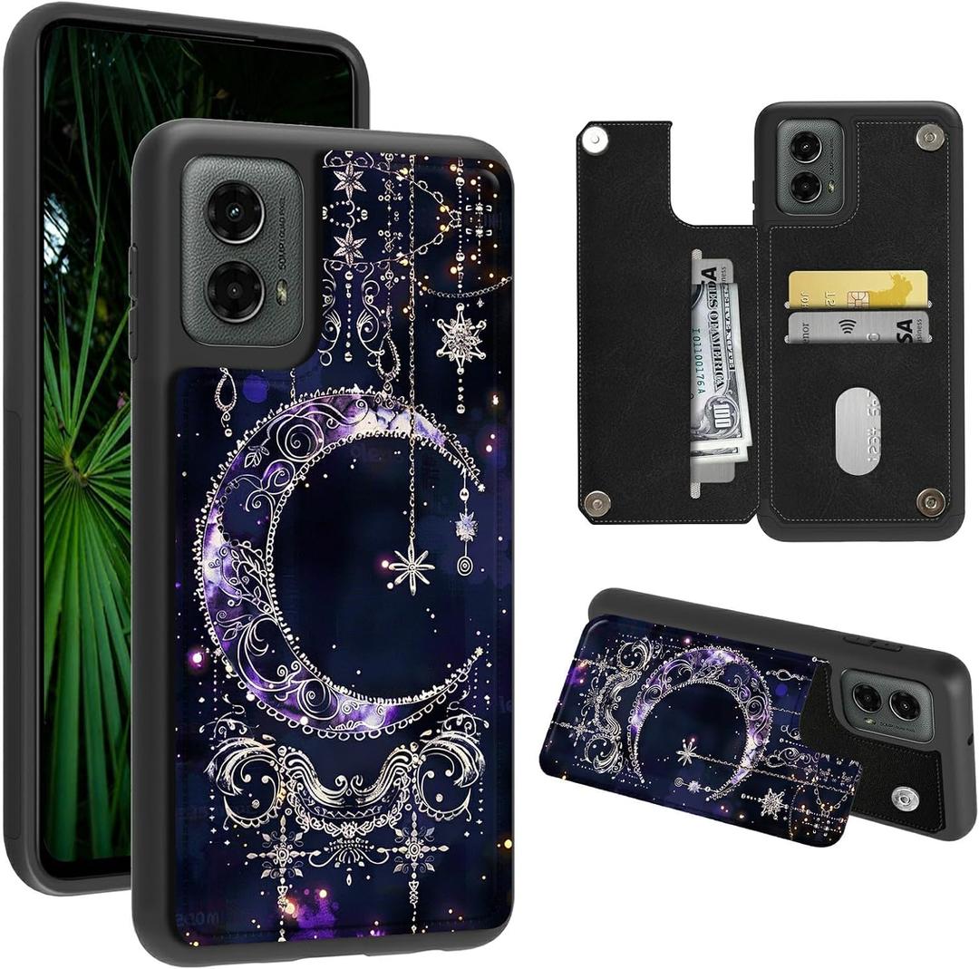 Wallet Case for Motorola Edge 5G 2024 6.6" with Credit Card Holder, Shockproof Protective Soft Silicone Kickstand Double Magnetic Clasp Phone Case for Moto Edge 5G 2024, Purple Moon