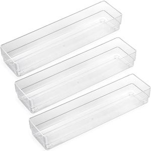 LotFancy Clear Drawer Organizers, 12” x 3” x 2”, Set of 3, Drawer Organizer Trays for Desk, Plastic Storage Bins for Bathroom, Makeup, Utensils, Stackable
