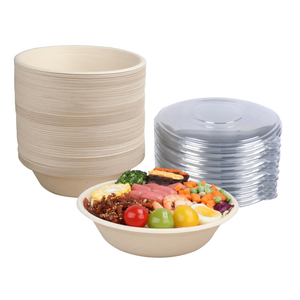 JAYEEY 32 oz Round Disposable salad bowls with lids, Sugarcane Fiber Paper Bowls take away food containers Plant Fibers Freezer Safe 50 Pack