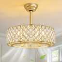 RUIYEY Crystal Ceiling Fans with Lights: 20 inch Gold Caged Fandelier Ceiling Fans with Remote, Reversible 7 Blades 6 Speeds E12 6 Light Modern Flush Mount Ceiling Light Fixtures for Bedroom Kitchen
