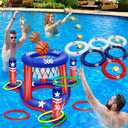 American Flag Pool Toys Games Set, Inflatable 2-in-1 Floating Basketball Hoop and Inflatable Ring Toss Pool Game with Score for Teens Adults Summer Water Pool Toys 4th of July Patriotic Party