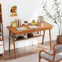 100% Solid Wood Writing Desk - 47.2" Mid Century Modern Desk, Home Office Desks with 2 Drawers and Storage Shelf, Small Computer Desks, Study Makeup Workstation for Bedroom/Living Room, Walnut