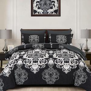 Mybedsoul King Size comforter set, 7 Pieces Boho Bed in a Bag for King Bed, Black Damask Comforter Set with Sheet, Pillowcases & Shams, Soft Microfiber Lightweight Bedding Set for All Season(90"x104")