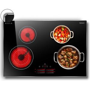 30 Inch Electric Cooktop Karienvir, 7100W Electric Stove 4 Burners, 30" Cooktop Built in with Glass Protection Metal Frame, Safety Locks & Timers, 240V Hard Wire (No Plug)