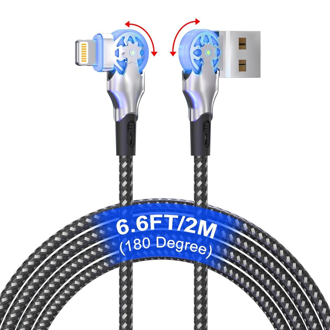 Rotating iPhone Charger Cord 180 Degree - Dual 90 Degree Lightning Cable 6.6FT [MFi,2.4A,Carplay,Data] Swivel Right Angle Lightning Cable for Apple Carplay iPhone14/13/12/11/Pro Max/XS/XR/X/8/7/Plus/6
