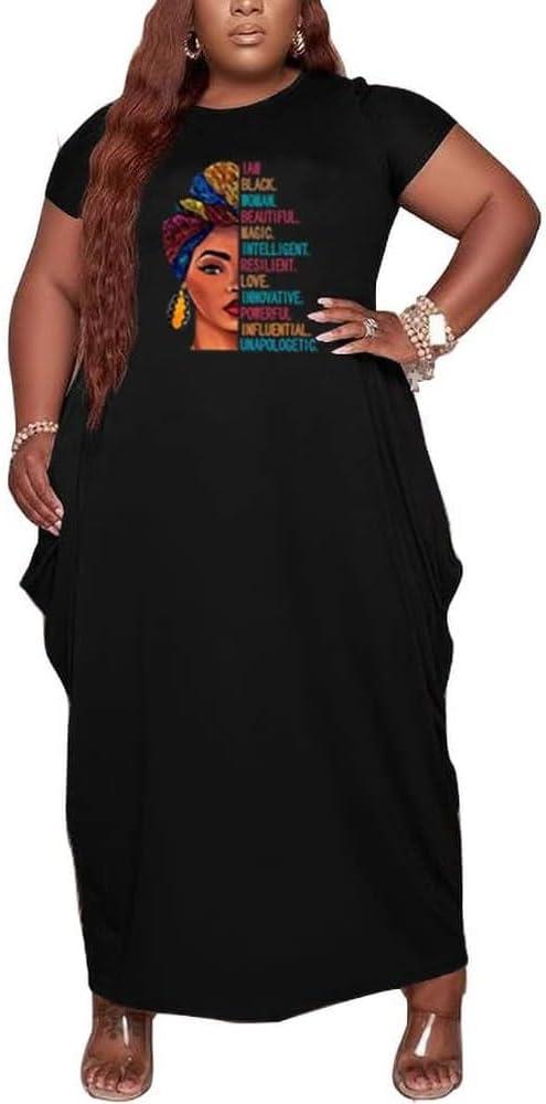 YeGine Oversize Tshirt Dress Plus Size Short Sleeve Maxi Dress with Pockets (9-3281 Black Girl) XL