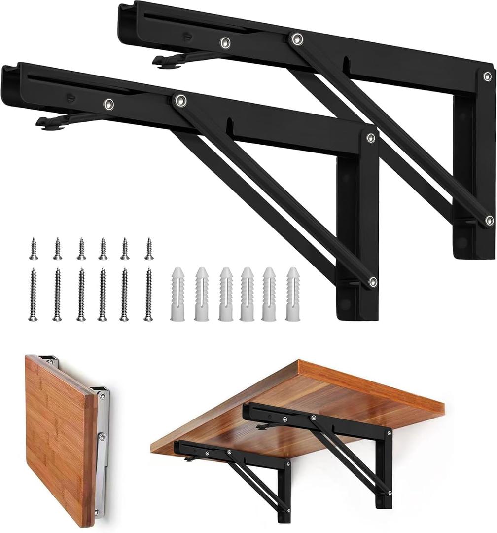 Storystore Folding Shelf Brackets - 8 Inch Heavy Duty Metal Collapsible Shelf Bracket for Bench Table, Shelf Hinge Wall Mounted Space Saving DIY Bracket, Max Load: 150 lb (2 PCS, Black) Storystore Folding Shelf Brackets - 8 Inch Heavy Duty Metal Collapsible Shelf Bracket for Bench Table, Shelf Hinge Wall Mounted Space Saving DIY Bracket, Max Load: 150 lb (2 PCS, Black)