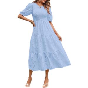 MEROKEETY Women's 2025 Summer Puff Sleeve Smocked Floral Dress Crewneck Lace Flowy Tiered Midi Dresses (Blue, M)