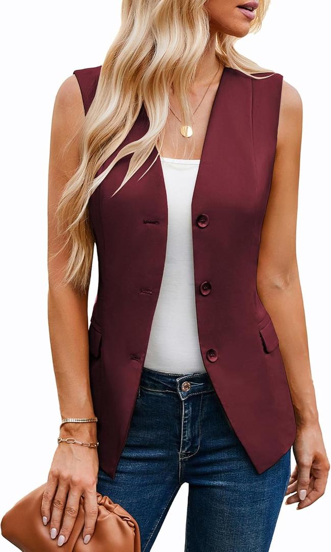 GRACE KARIN Women 2025 Button Down Sleeveless Vest Blazers Fully Lined Open Front Work Vest Tops Outwear Pocket (Small, Wine)