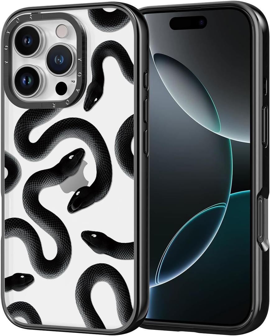 for iPhone Case - [6.6 ft Military-Grade Drop Protection] [Anti-Peel Technology] Clear Black TPU Bumper Case with Cute Design (Black Snake, iPhone 16 Pro)