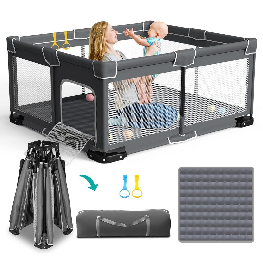 ICAREWAY Foldable Playpen for Babies and Toddlers, 59x71 Inches Portable Playpen, Kids Collapsible Play Pen with 2 Handlers, Indoor & Outdoor Baby Fence Play Area with Visible Mesh, Dark Gray