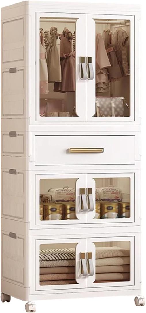 Portable Kids Wardrobe, Plastic Closet Organizer with Hanging Rod, Collapsible Wardrobe Closet Storage Cabinet for Bedroom, Easy to Install (White, Large) (Large21.26"Dx13.39"Wx55.12"H)