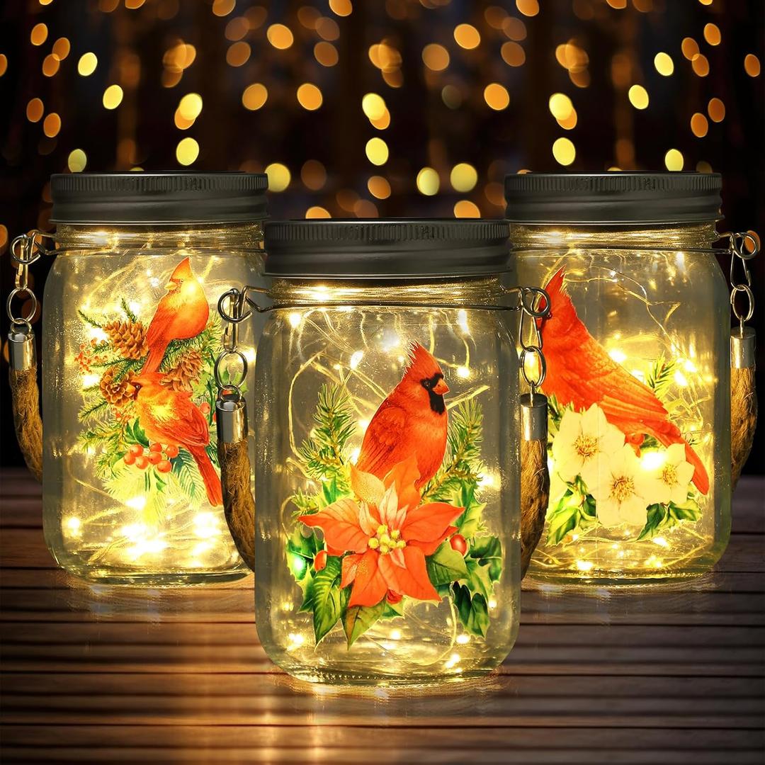3 Pcs Cardinal Solar Lantern Fairy Hanging Solar Jar Lights Outdoor Yard Garden Lantern Decor for Holiday Indoor Outdoor Decorations Home Decor(Christmas Cardinal)