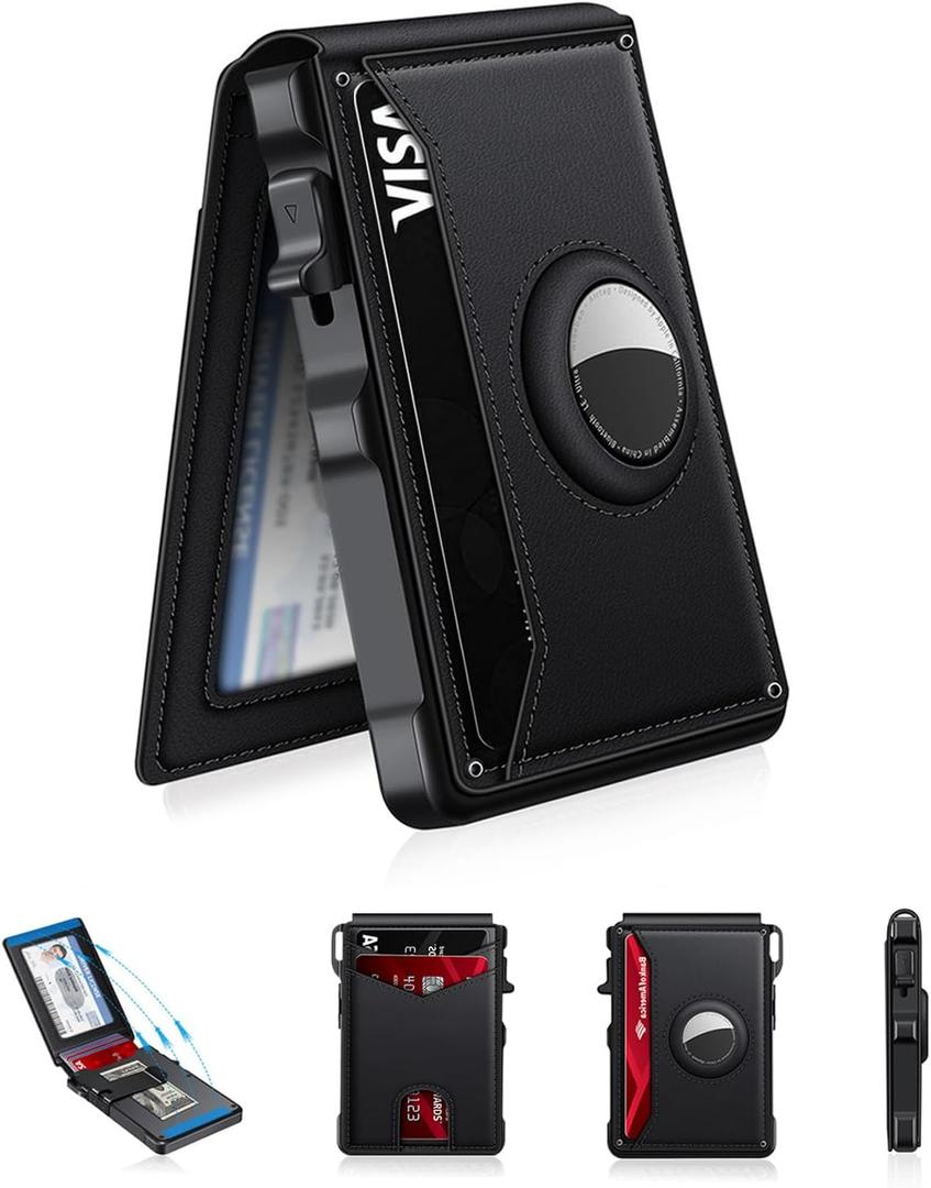 KIKVES Airtag Wallet for Men, Mens Smart Wallet for Air Tag RFID Blocking, Minimalist Bifold Pop Up Aluminum Credit Card Case Holder 12+ Cards with ID Window, Gift for Men, No Airtag Included, Black