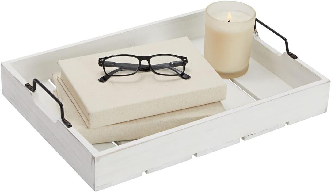 Farmlyn Creek Rustic Wooden Serving Tray with Metal Handles for Coffee Table, Farmhouse Home Decor (White, 16.3 x 11.6 x 3.25 in) - Coffee Table Decor