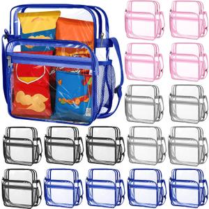 Sunnymove 12 Piece Large Reusable Clear Lunch Bags Bulk 12 x 10 x 5.5 Inch Transparent Lunch Box Stadium Approved Tote Bag Plastic See Through Backpack with Adjustable Shoulder Strap for Work Travel