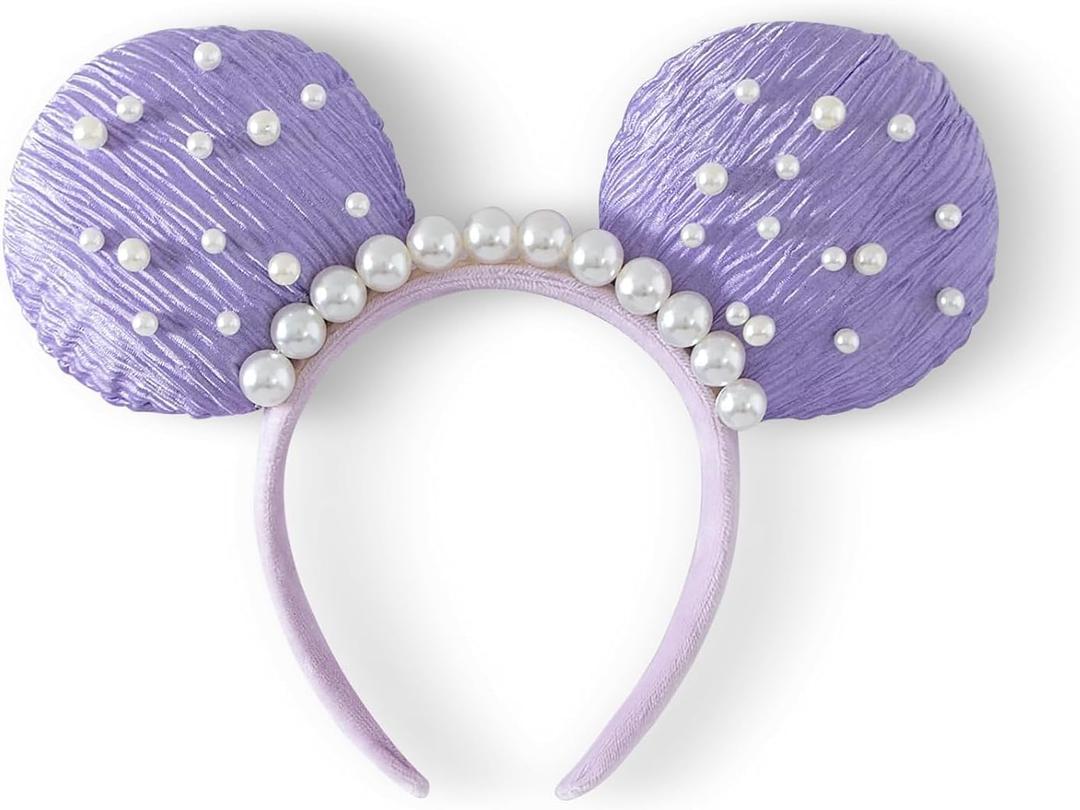 Pearl Mouse Ears Bow Headbands for Girls Kids Sparkle Hair Band Ear Headband Party Princess Trip Cosplay Costume Decor (Purple Pearl)