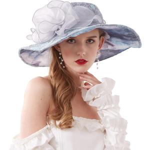2025 Kentucky Derby Hats for Women- Organza Church Hat Fascinator Hat for Tea Party Bridal Wedding Hat Wide Brim Sun Hat (Style26-grey Blue)