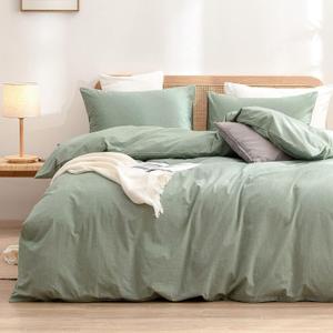 BESTOUCH Duvet Cover Set 100% Washed Cotton Linen Feel Super Soft Comfortable Chic Lightweight 3 PCs Home Bedding Set Solid Green Oversized King (Oversized King (120" x 98"), Green (No Comforter))