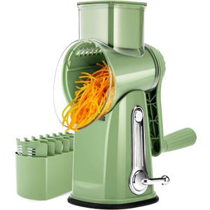 SUSTEAS Rotary Cheese Grater with Handle - Vegetable Shredder with 5 Well-designed Blades & Strong Suction Base,Round Mandoline Slicer & Food Chopper for Kitchen, with Blade Storage Box(Retro Green)