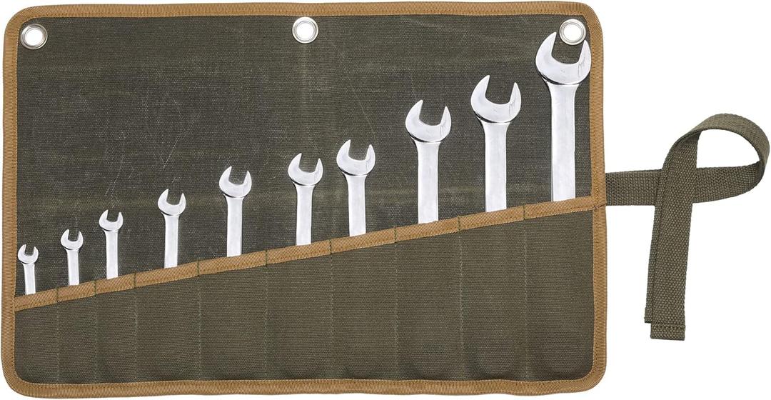 Wrench Set Roll, Heavy Duty 16oz Waxed Canvas Multi-Purpose Tool Roll Up Bag - 10 Pockets & 3 Grommets & Canvas Tie Rope - Tool Storage Carrier | 17"L x 11"W (Army Green)