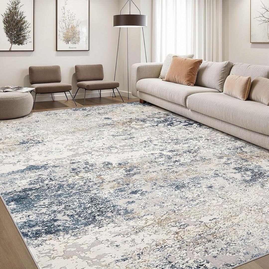 DMOYEST Area Rug Living Room Rugs - 6x9 Abstract Large Soft Indoor Washable Rug Neutral Modern Low Pile Carpet for Bedroom Dining Room Farmhouse Home Office - Beige Blue