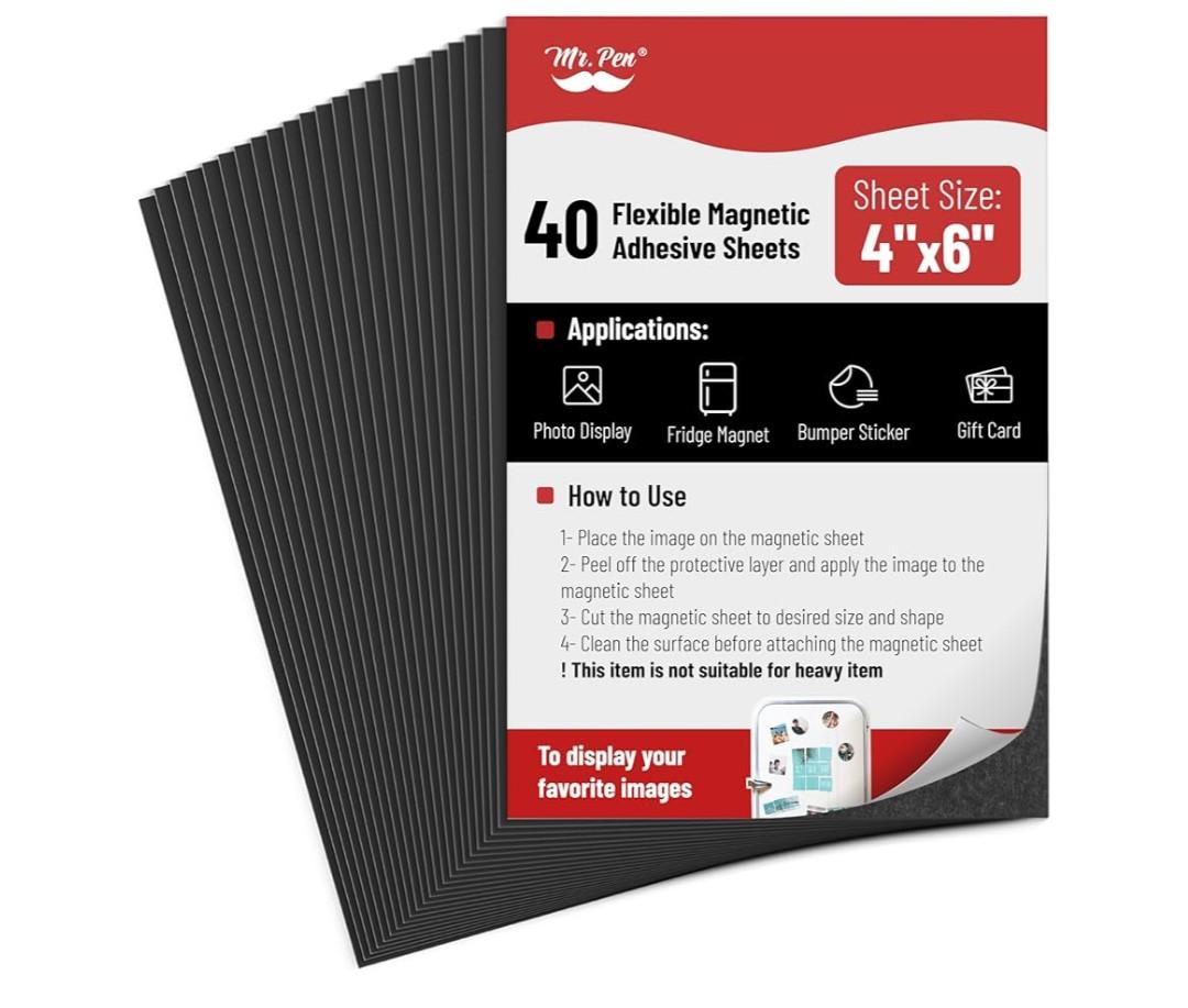 Mr. Pen- Adhesive Magnetic Sheets, 4" x 6", 40 Pack, Magnetic Sheets with Adhesive Backing, Magnetic Sheets, Flexible Magnetic Sheet, Picture Magnets, Cuttable Magnetic Sheets