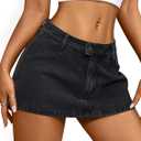 IWD Denim Mini Skirt for Women Low Waisted Jean Micro Skort with Shorts Stretch Casual Jean Skirt (Black, S)