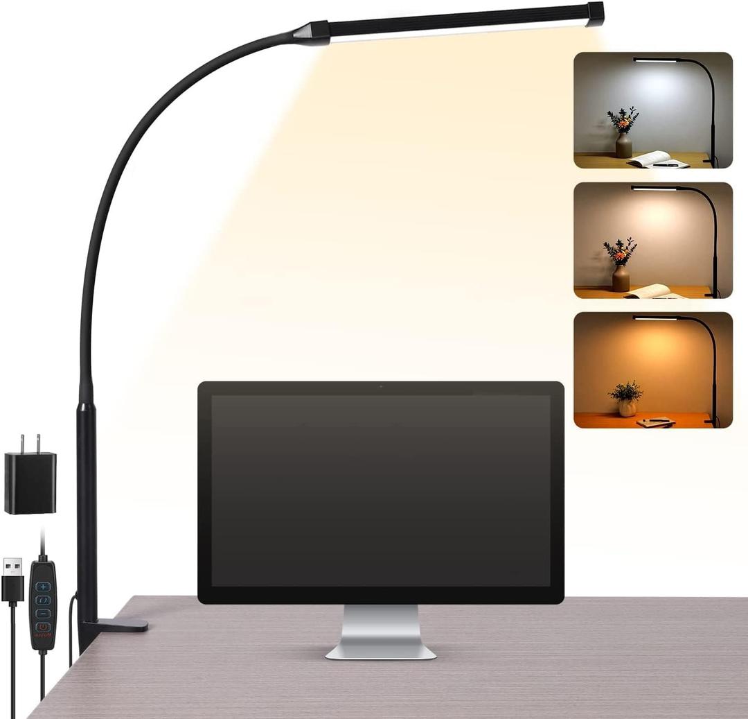 LED Desk Lamp with Clamp, Eye-Caring Clip on Lights for Home Office, 3 Modes 10 Brightness, Long Flexible Gooseneck, Metal, Swing Arm Architect Task Table Lamps with USB Adapter, Black LED Desk Lamp with Clamp, Eye-Caring Clip on Lights for Home Office, 3 Modes 10 Brightness, Long Flexible Gooseneck, Metal, Swing Arm Architect Task Table Lamps with USB Adapter, Black
