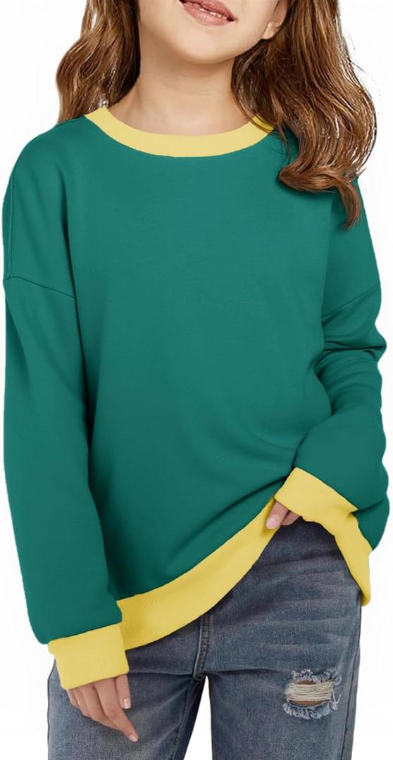 Haloumoning Girls Crewneck Sweatshirts Kids Casual Long Sleeve Loose Tops Fall Comfy Lightweight Pullovers 5-14 Years (7-8 Years, Green)