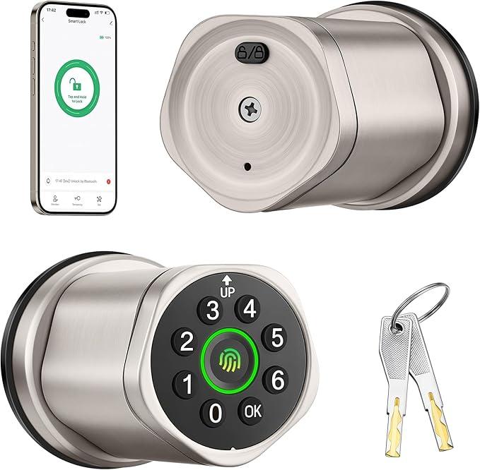 Leydebong 4in1 Smart Door Lock with Fingerprint and Keypad Keyless Entry Electronic Lock with App and Mechanical Key Easy Installation Smart Door Knob for Home Office Bedroom & Apartment Satin Nickel