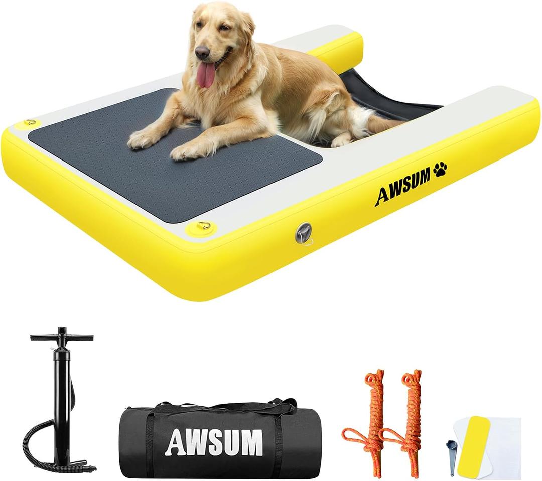 AWSUM Inflatable Dog Water Ramp 4ft x 3.3ft Dog Boat Ramp Floating for Dogs Up to 180LBS On Water Float Ladder Steps for Pool, Dock, Lakes, Yellow