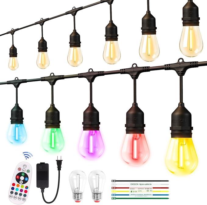 26FT Outdoor String Lights, Outdoor Lights for Patio,with 12+2 LED RGBW Color Change,3000K Bright White Waterproof Bulbs, Dimmer & Remote, Customized 12 Colors & 4 Modes, for Backyard Decor