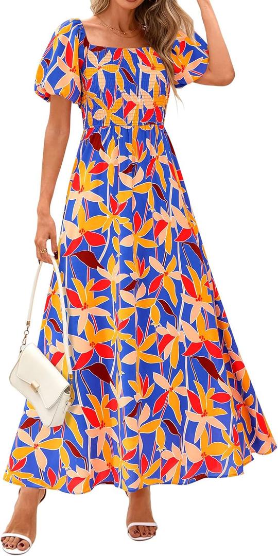 BTFBM Womens Spring 2026 Casual Maxi Dresses Short Sleeve Smocked Tiered Floral Boho Long Beach Dress with Pockets (Blue, M)