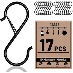 FSAH 17 Pcs S Hooks for Hanging Safety Buckle, 3.5 Inch Stainless Steel S Shaped Locking Hooks for Colleague Dorm, Kitchen, Plants Pots Towels Bags, Black