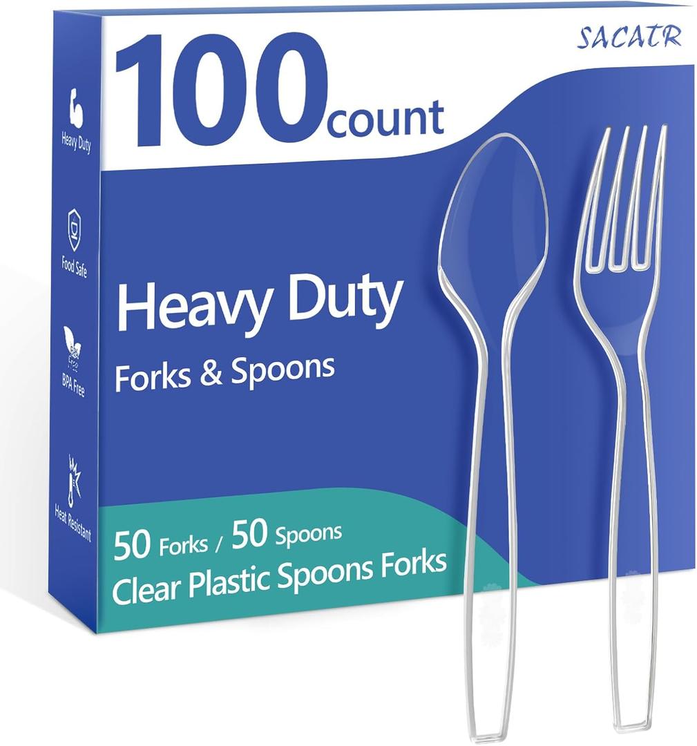 100 Count Plastic Silverware Heavy Duty -50 Forks, 50 Spoons, BPA-Free, Heat Resistant, Disposable Plastic Utensils Set, Plastic Cutlery Set, Plasticware Suitable for Party Everyday Use (100 Combo Set(Spoons+Forks))