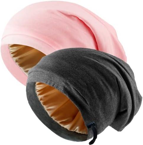 NICPOO 2 Pcs Adjustable Silk Hair Bonnet for Sleeping, Satin Lined Sleep Cap for Women and Men, Silk Hair Wrap Slouch Beanie.