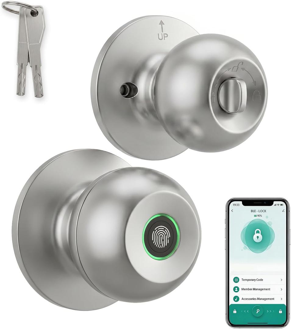 Smart Fingerprint Door Knob, Bedroom Door Lock with App Control, Silver | Bluetooth App Control, Auto-Lock, Keyless Fingerprint Entry and Backup Keys for Bedroom, Apartment and Interior Doors