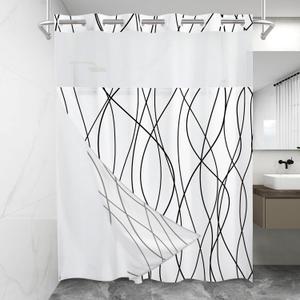 No Hook Black and White Striped Shower Curtain with Snap in Fabric Liner Set - Hotel Shower Curtain and Liner Set with See Through Mesh Top Window,Machine Washable, 71x74 INCH (71"W x 74"L (Pack of 1))