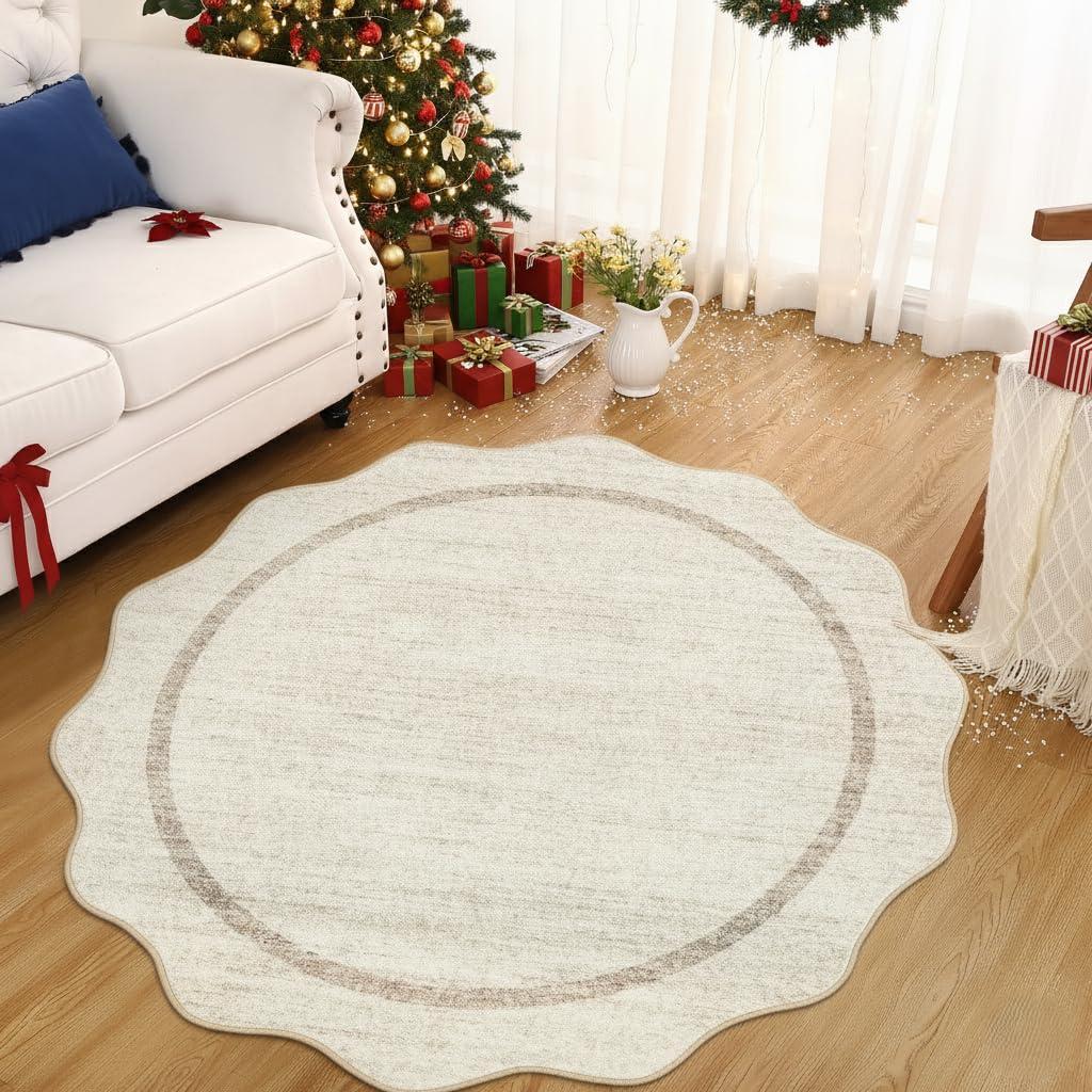 GarveeHome Scalloped Washable Round Rugs, Non-Slip Soft Round Rug 4 ft Ultra-Thin, Small Boho Circle Stain Resistant Low Pile Carpet for Entryway Kitchen Bedroom Nursery Bathroom, Beige