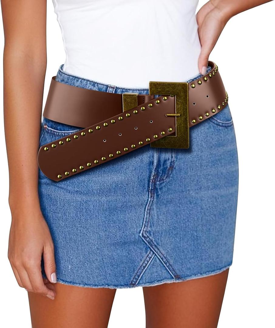 Chunky Western Belts for Woman, Boho Leather Belt with Big Buckle, Cowgirl Hip Fashion Accessory for Dresses (Brown)