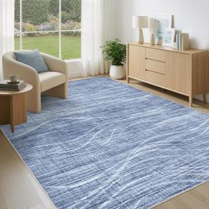 WITSHOCK 5x7 Area Rug for Living Room, Washable Rugs for Bedroom Kitchen Nursery Dining Room Office, Modern Wave Striped Rugs, Soft Thin Carpet Non Slip Low Pile for Home Decor, Blue