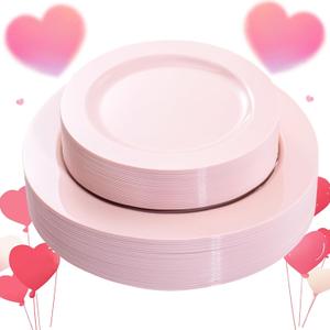 FLOWERCAT 60PCS Pink Plastic Plates - Heavy Duty Pink Plates Disposable for Easter Party/Mother's Day/Wedding - serving 30 guests Include 30PCS 10.25inch & 30PCS 7.5inch