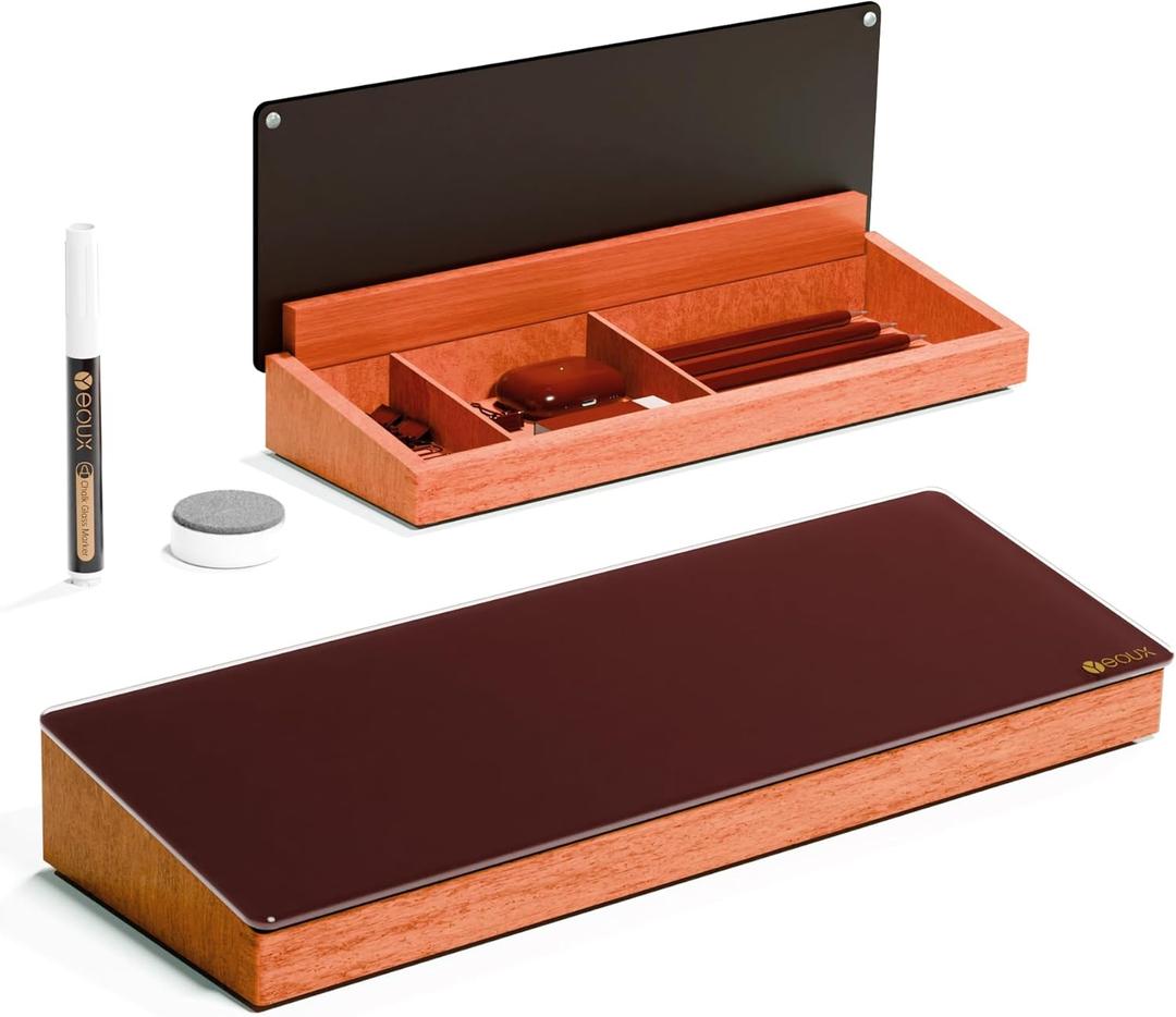 Desk Whiteboard with Wooden Organizer Box for Office Supplies Storage, Desktop Dry Erase White Board with Drawer for Stationary, Marker & Eraser Included, Yeoux (Burgundy Red)