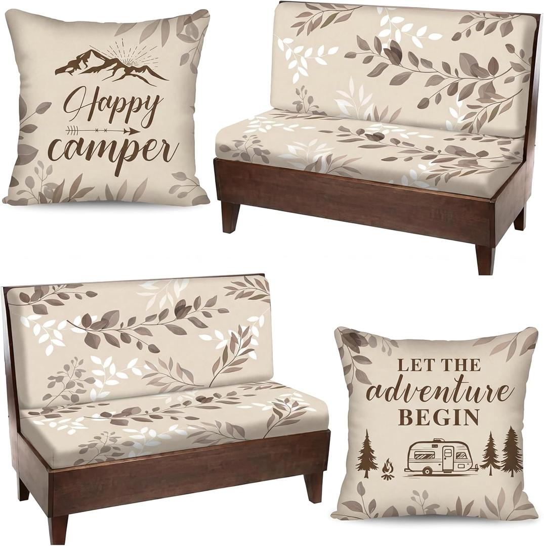 Tiamon RV Dinette Cushion Covers Set - 6 Pcs Camping Theme Cushion Slipcovers for Camper Car Bench Seat Replacement, 2 Pillowcase, 2 Backrest, 2 Bench Cover for RV Interior Decor(Beige Leaves)