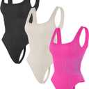 HEGALY Thong Bodysuits for Women 3 Piece Sexy Ribbed Seamless Tummy Control Shapewear Sleeveless Square Neck Tank Top (Small, Black Rose Beige)