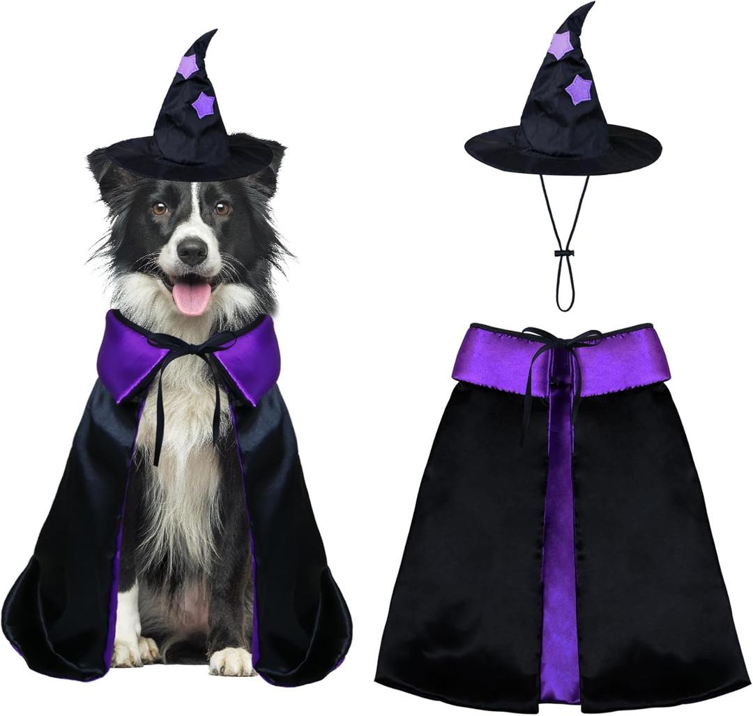 Dog Halloween Costumes, Dog Witch Costume Funny Pet Witch Cloak Cape Wizard Hat Holiday Outfit Clothes Halloween Costumes for Small Medium Large Dogs Pets (Medium)