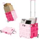 Foldable Rolling Cart on Noiseless Wheels: Portable Utility Cart for Grocery Books File Office (Pink)